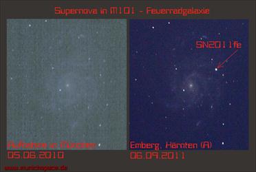 Supernova SN2011fe in M101 (Feuerradgalaxie) - Vergleich zweier Einzelaufnahmen (2010 / 2011)